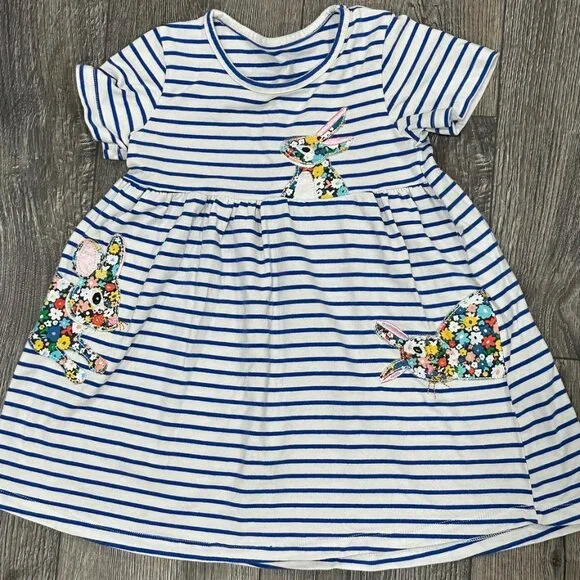 Blue & White Striped Cotton Dress with Bunny Rabbit Patches, Size 5/6