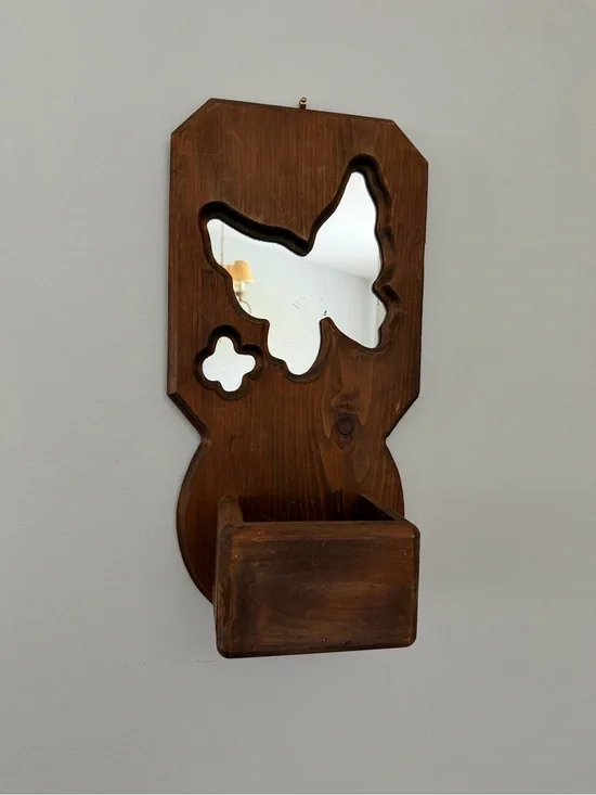 Vintage Wooden Butterfly Mirror Wall Planter Shelf Rustic Boho Decor