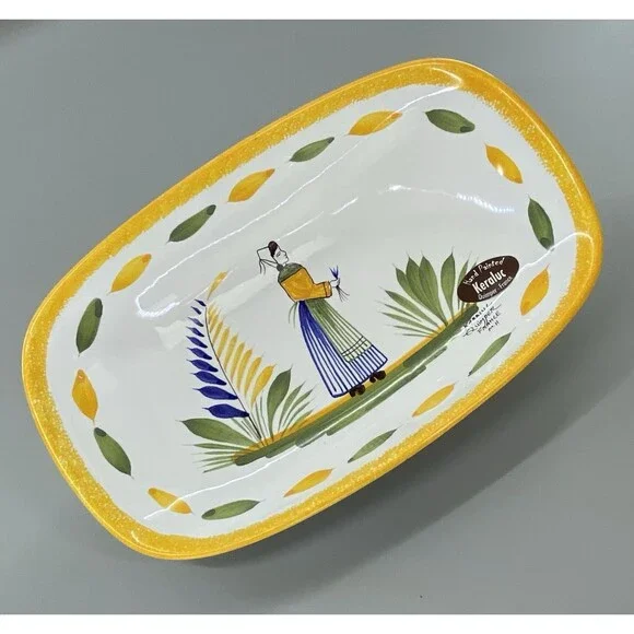 Vintage Keraluc Quimper France Hand Painted Faience Breton Dish Tray Yellow Trim