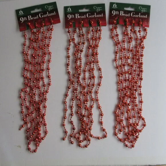 Bead Christmas Garland Red Faceted 9 Ft Vintage Christmas Decor NOS Lot of 3