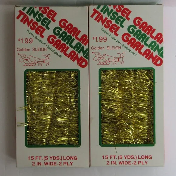 Christmas Tinsel Garland 2 Boxes Golden Sleigh Rauch Made in USA 15 ft, 2