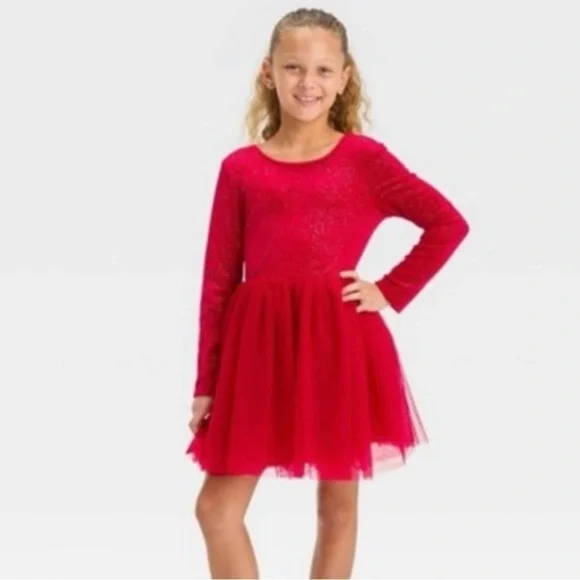 Cat & Jack Girls Red Velvet & Tulle Dress - Size XL (14) Plus