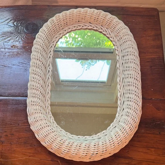 Vintage White Wicker Oval Wall Mirror