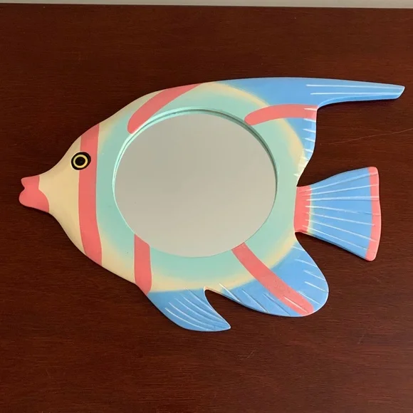 Blue and Pink Fish Decor with Geometric Design Wall Hanging Mirror