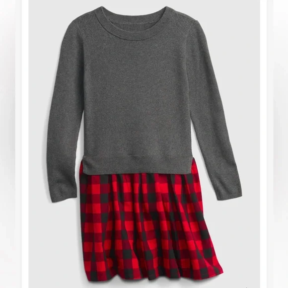 Gap Girls XL Red Buffalo Plaid 2-in-1 Sweater Dress Cotton Grey