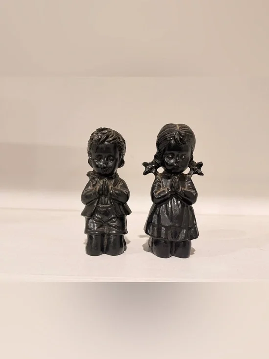 Hand Crafted Black Praying Boy and Girl Ceramic Figurines