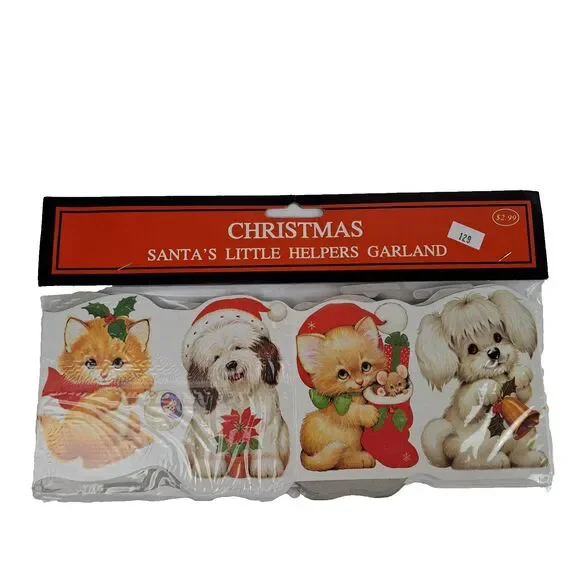 VTG Christmas Paper Garland Santa’s Little Helpers Puppy Kitten UNUSED 1995 New