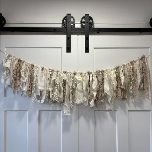 Neutral & Ivory White Fabric & Lace Garland Banner - Home Holiday Event Decor