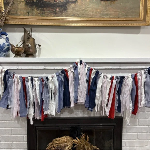 Patriotic Red, White & Blue Fabric Garland Streamer - Home Holiday Event Decor