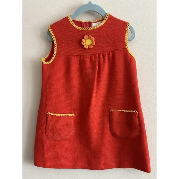 Vintage Kids Girl's 4/5 Wool Saks Fifth Avenue Orange Dress 70s 60s MCM