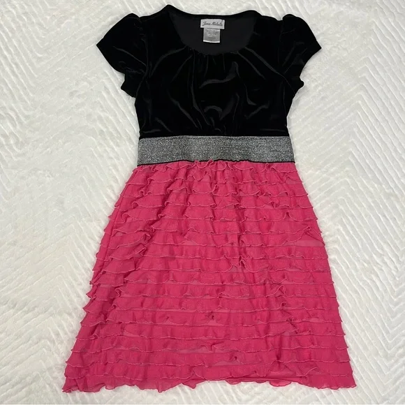 Jona‎ Michelle Velvet Black Pink Tiered Ruffle Dress size 8 girls semi formal