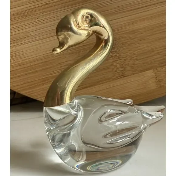 Art Glass Swan with Gold Colored Head Neck and Controlled Bubbles in Body 3x3