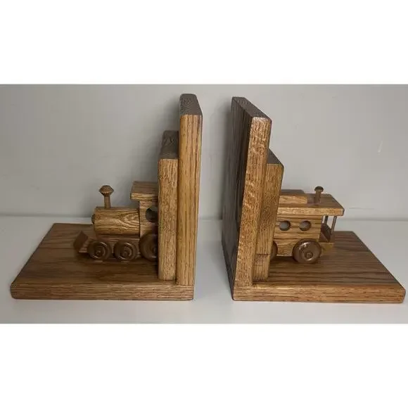 Train Locomotive And Caboose Bookends Solid Oak Wood Steam Engine Handmade