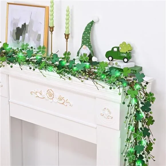 6 Ft St Patrick's Day Garland with Light, Lighted Shamrock Garlands, Green