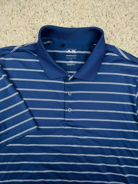 Adidas Men's Polo Shirt Blue White Striped Puremotion Golf Large Stretch