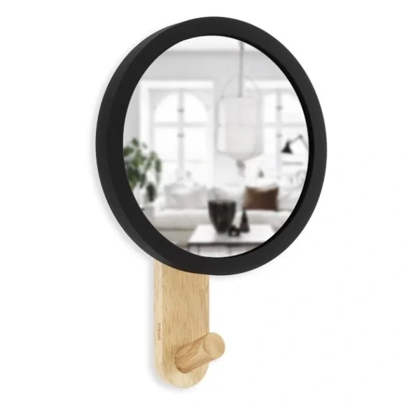 umbra Hub mirror hook-form & function 6” mirror w/natural wooden hook-NIB