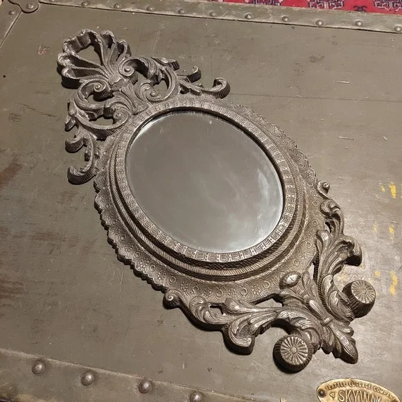 Vintage Ornate Baroque Oval Wall Mirror Antique Silver Cast Metal Scroll 15.5x7