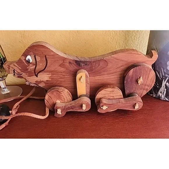 Vintage All Wood Pig‎ (Hog) Pull Toy Handmade