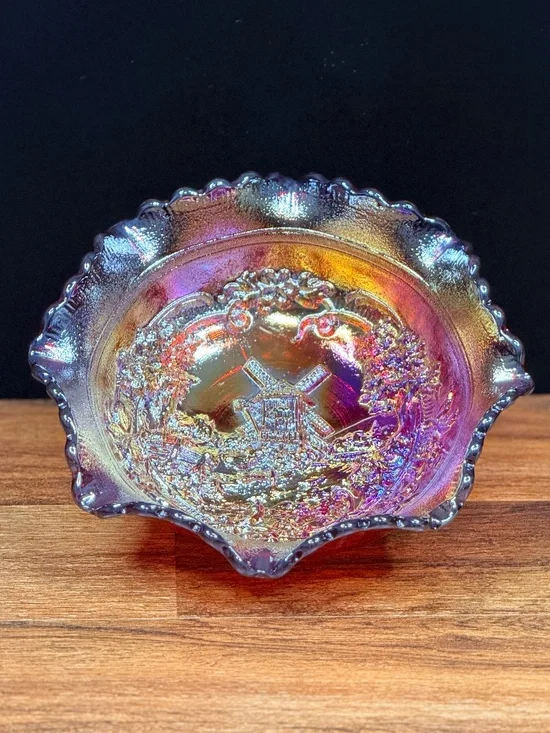 Carnival Glass Bowl with Windmill Decor