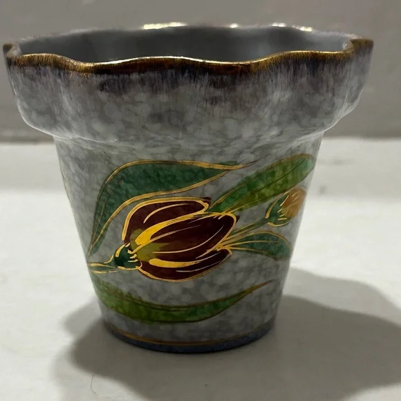 Vintage Italian Hand Painted Planter Marbled Blue Gold Rim Red Flower ITALY