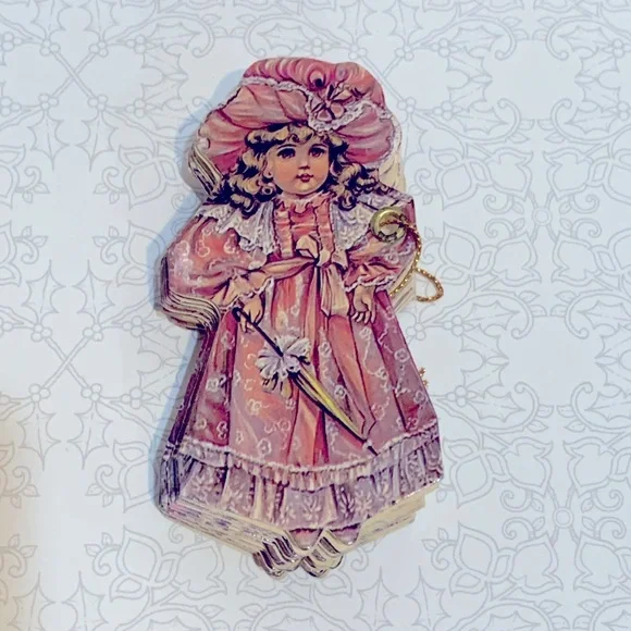 Victorian girl umbrella pink garland embossed
