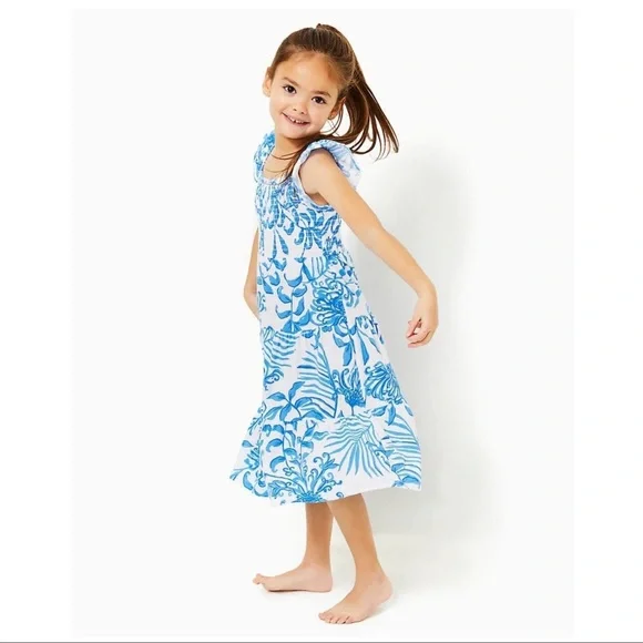 Lilly Pulitzer Girls Mini Jilly Midi Dress XL Blue White Smocked Floral Tiered