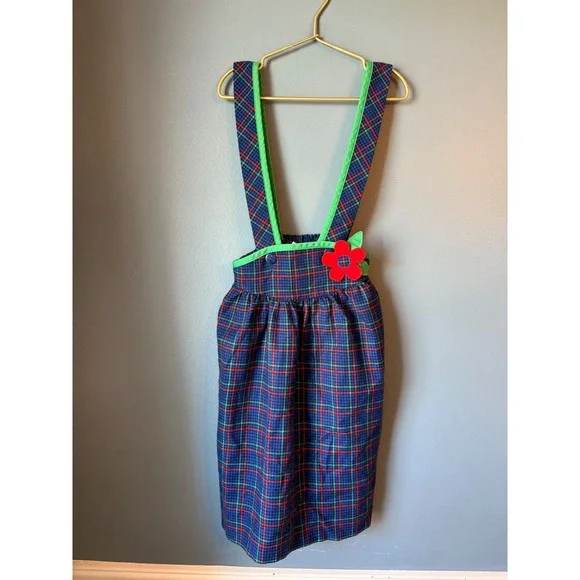 Florence Eiseman‎ vintage Blue Plaid Jumper Dress Red Flower Applique