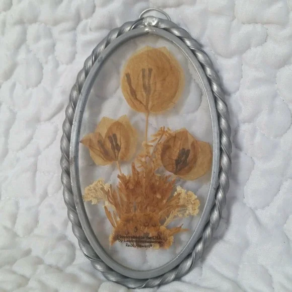 Vintage Dried Flower Oval Glass Frame Retro Boho Nature Lasting Impressions USA