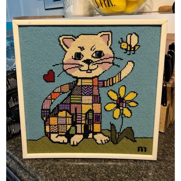Vintage Funky Patchwork Needle Point Cat Wall Art