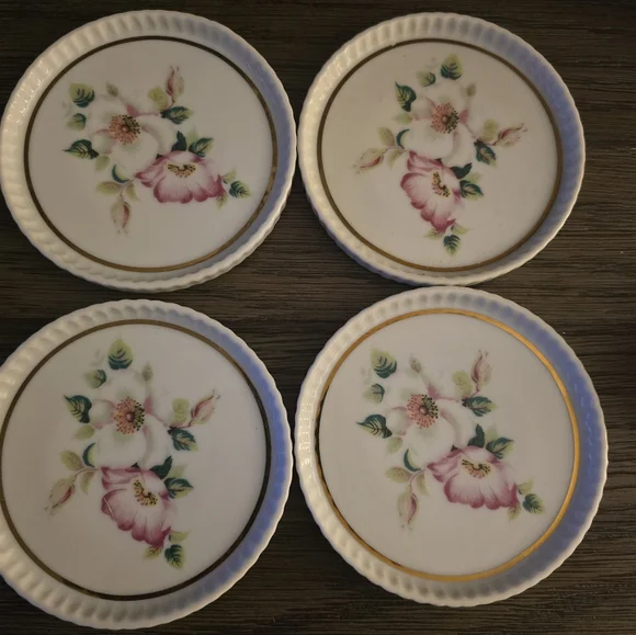 House of Webster Floral Ceramic Coasters Set of 4 Vintage Pink Flowers Gold Trim