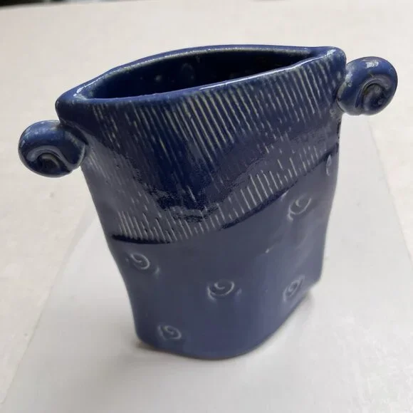 Ceramic Studio Pottery Blue Signed Vase Textured Decor Home Gift