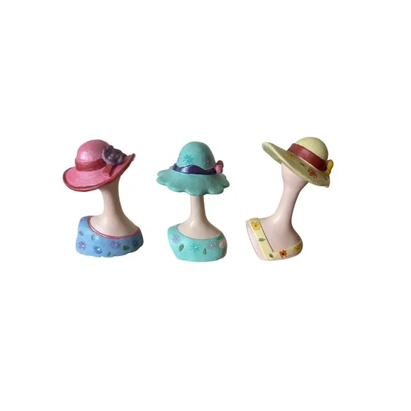 Vintage Style Polystone Lady Bust Figurine Set Sun Hats Floral Pastel 3 Piece