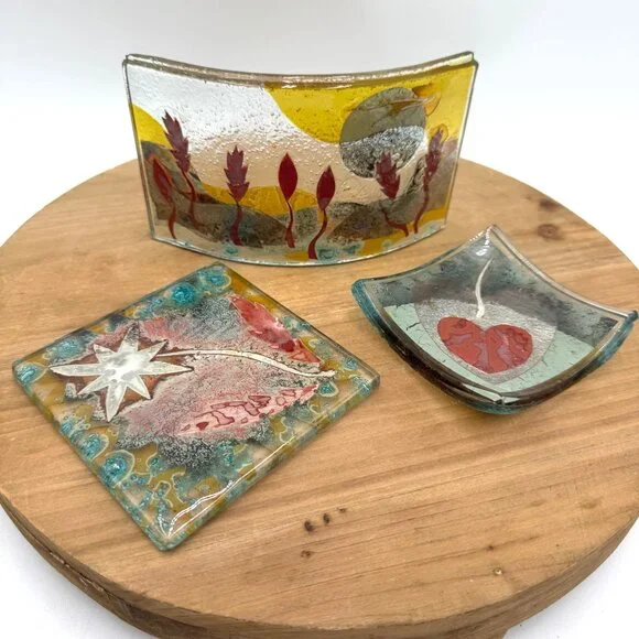 Fused Glass Trinket Dish Studio art glass 3 piece set multi color