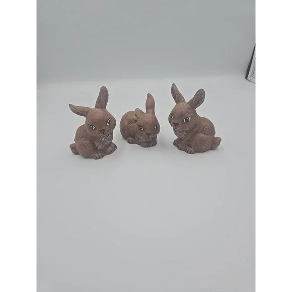 VTG Homco 3 Brown‎ Porcelain 3 Inch Bunnies Thailand