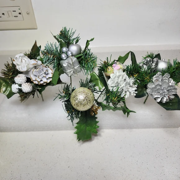 Vintage Floral Picks. Green White and Silver For Holiday Decor 5 Pieces