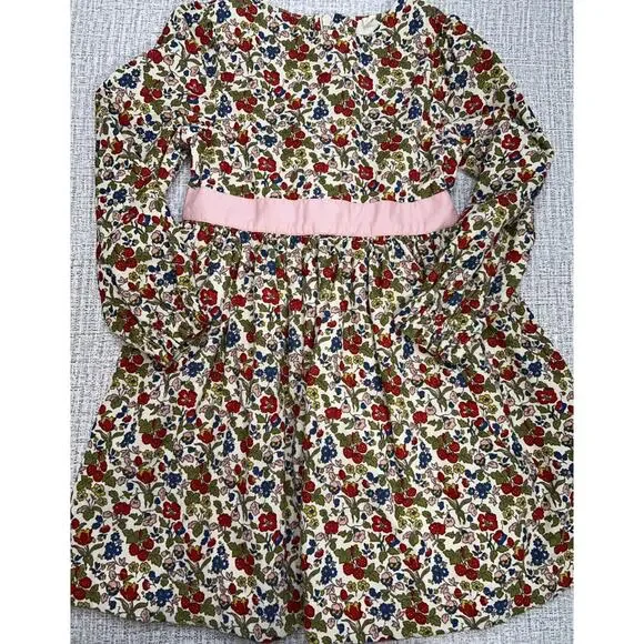 Mini Boden Corduroy Dress Girls 6-7Y Strawberry& Floral Print L/S Cotton A-line