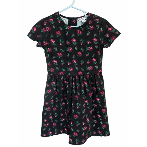 Brooks Brothers Fleece Girls Black Red Rose Floral Short Sleeve Dress Size 5