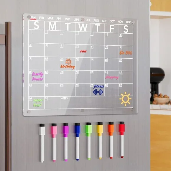 Clear Acrylic Magnetic Calendar with Dry Erase Markers - Perfect for Fridge!