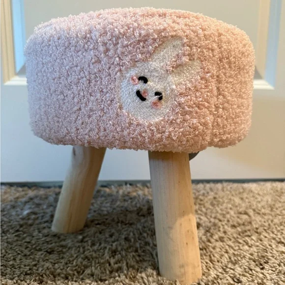 Pink Bunny Accent Ottoman Stool with Wooden Legs