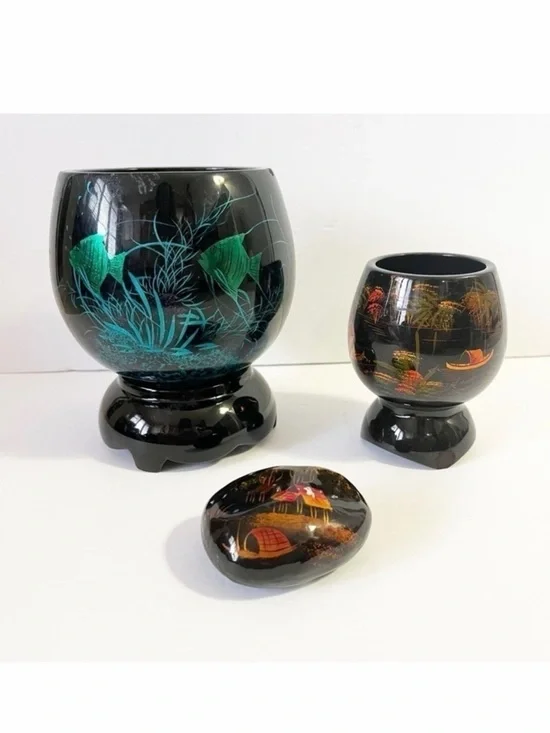 Black Lacquer Footed Wooden Bowl Boat Koi Iridescent Blue Paperweight Vietnam 3x