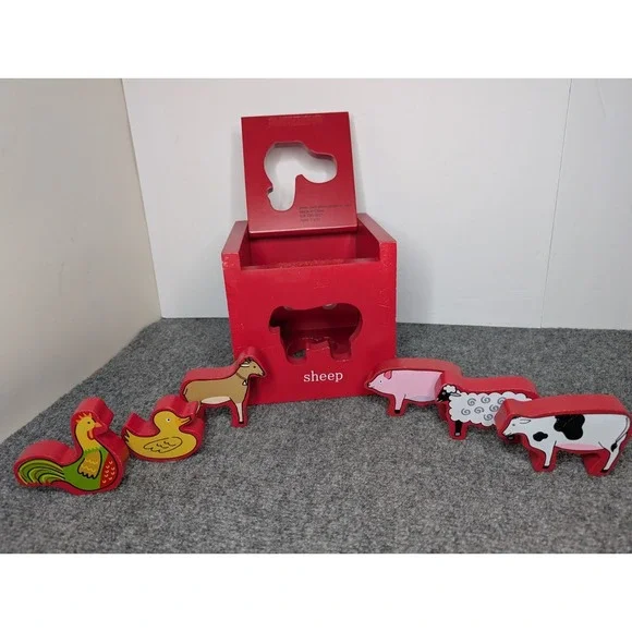 Jack Rabbit Creations Wooden Cube Animal Sorter Duck Sheep Cow Pig Rooster Goat