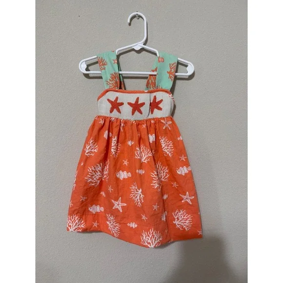 Ruffles & Frogs Baby Girl Starfish Smocked Orange Dress 18 Months Coastal