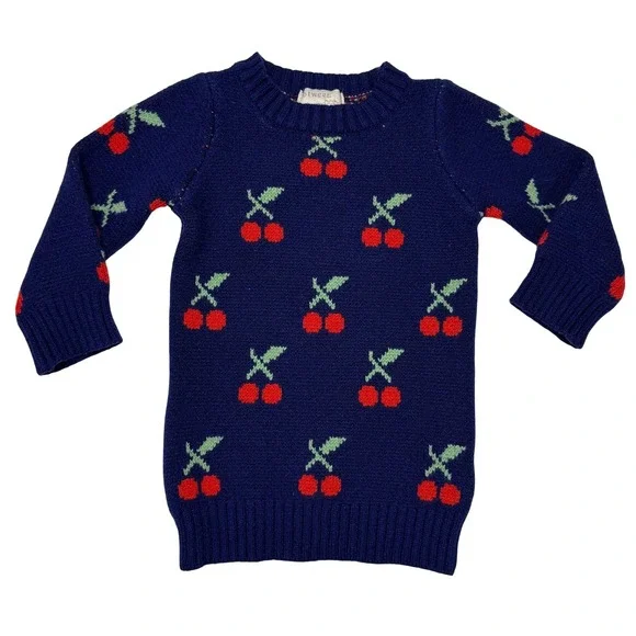 btween baby Girls Sweater Dress Cherry Print 6M Navy Blue Knit Long Sleeve