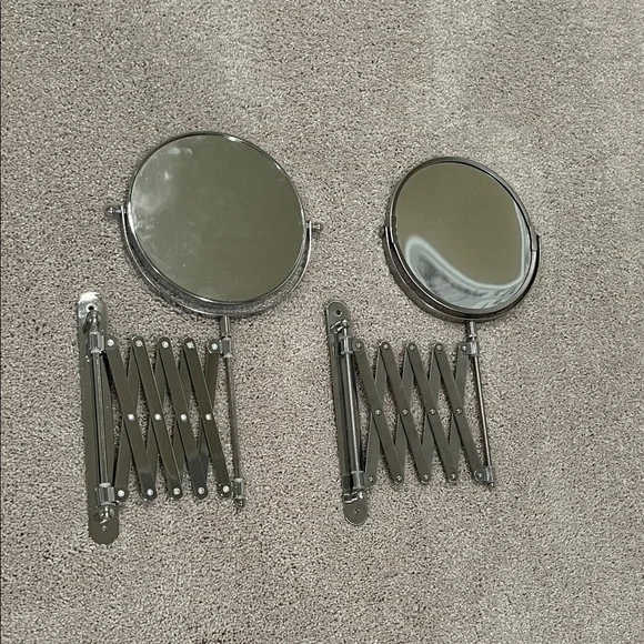 2 Wall Mount Vanity Makeup Mirrors - Silver Chrome Double Sided - Extendable