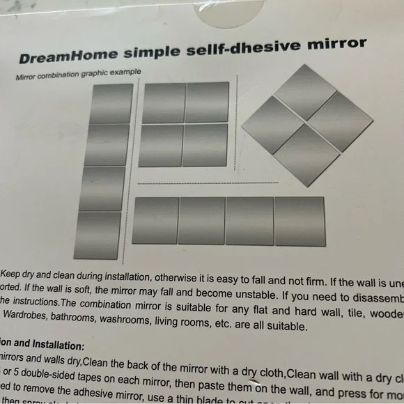NWT DreamHome Self-Adhesive Mirror Tiles Four Square Mirrors Home Wall Decor