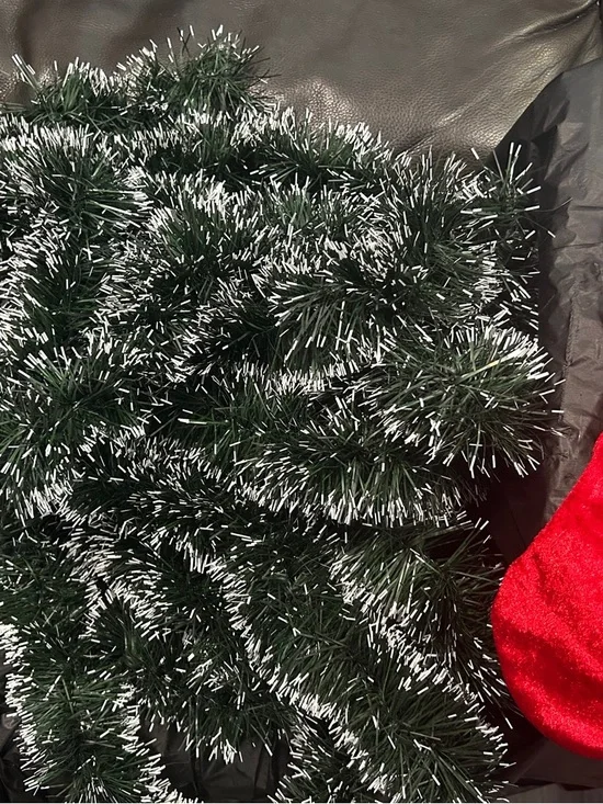 Christmas bundle Green and White fluffy Tinsel Garland lights and 3 stockings