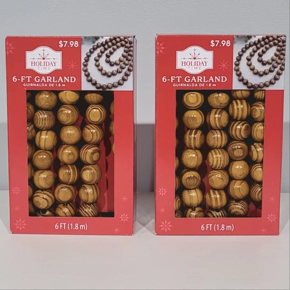 Two Boxes! 25mm Christmas Wood Bead Garland, 6 ft each