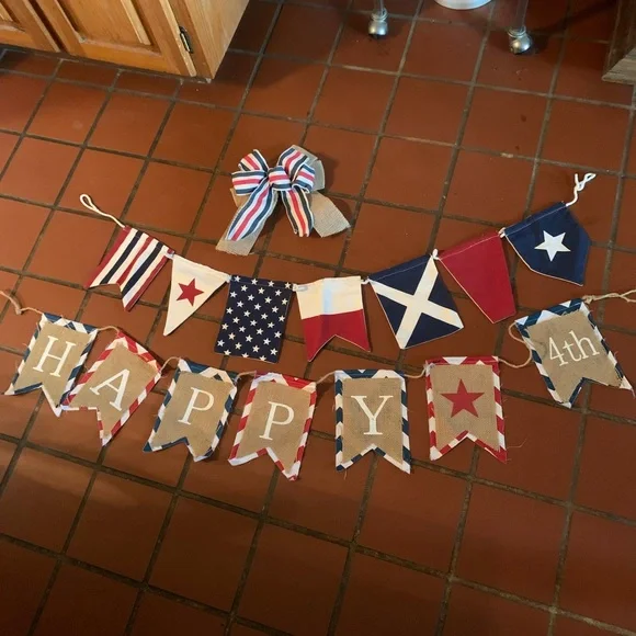 2 Pottery Barn patriotic garlands. JULY 4th and 1 bow. RED, WHITE and BLUE.