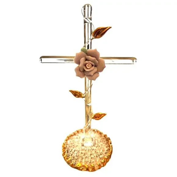 Glass CROSS w/Porcelain‎ Pink Rose and Gold Leaves - Handblown and Knitted Glass
