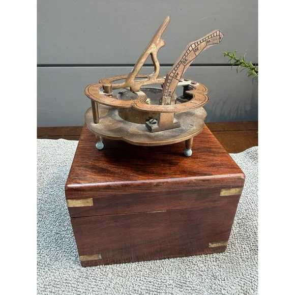 Large Antique Nautical Brass Copper Sundial Compass W/ Rosewood Inlay Box
